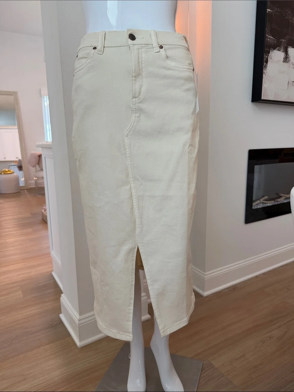 Canton Retreat Women’s Cream Denim Midi Skirt with Front Slit